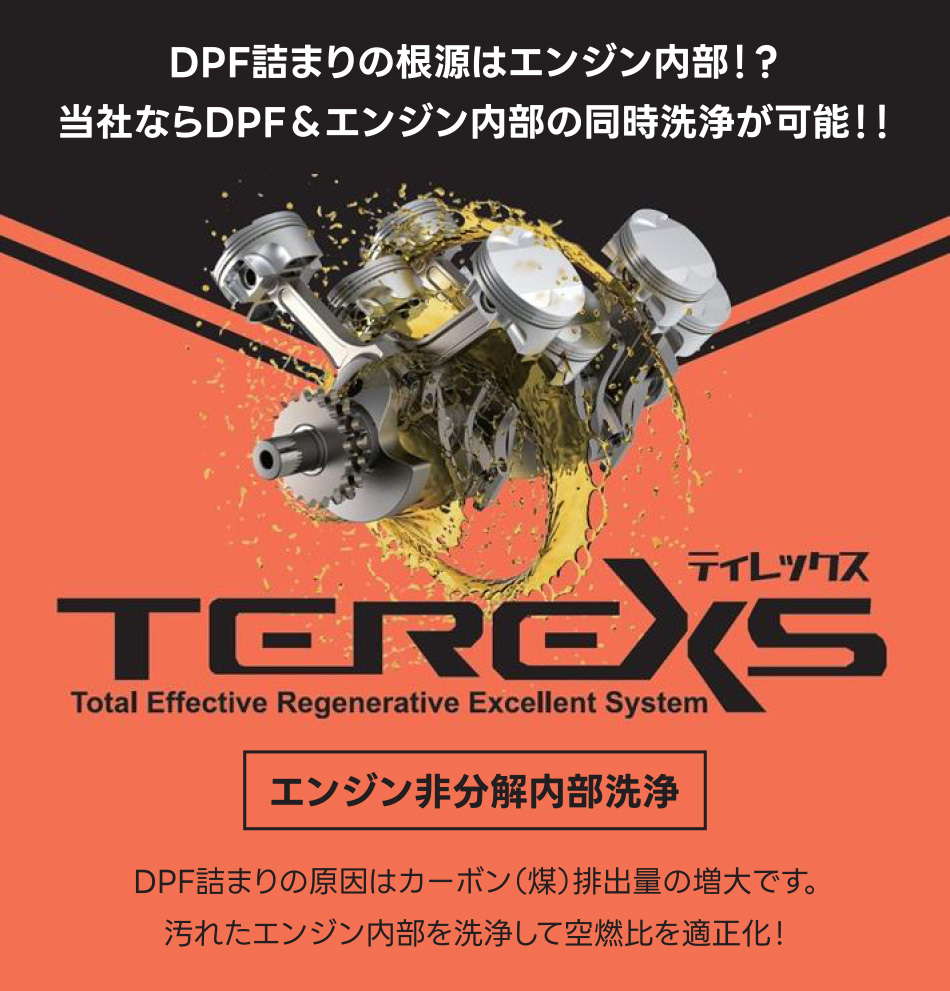 エンジン非分解内部洗浄TEREXS（ティレックス）DPF詰まりの根源はエンジン内部！？当社ならDPF＆エンジン内部の同時洗浄が可能！！